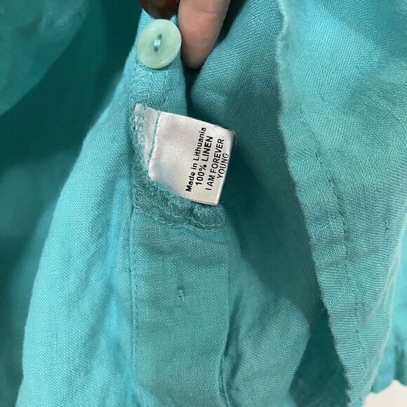 FLAX Turquoise Blue knit Linen side button Long sleeve top size SMALL - Picture 4 of 5